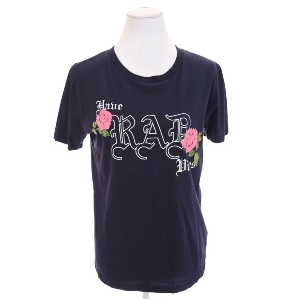 Forever 21 "Have Rad Vibes" Good Navy Blue Graphic T-Shirt Rose Boho Womens Sz M
